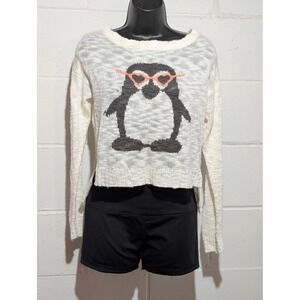 dELiA's Y2K Womens Cream Penguin Heart Sunshade Knit Sweater Cropped Top Medium